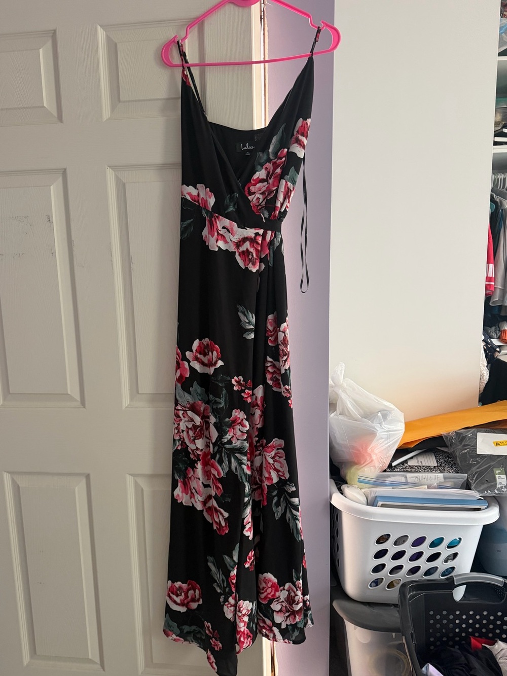 Lulu's Black Maxi Dress with Pink Floral Print